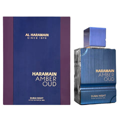 Al Haramain Amber Oud Dubai Night bottle on display for lasting evening scent