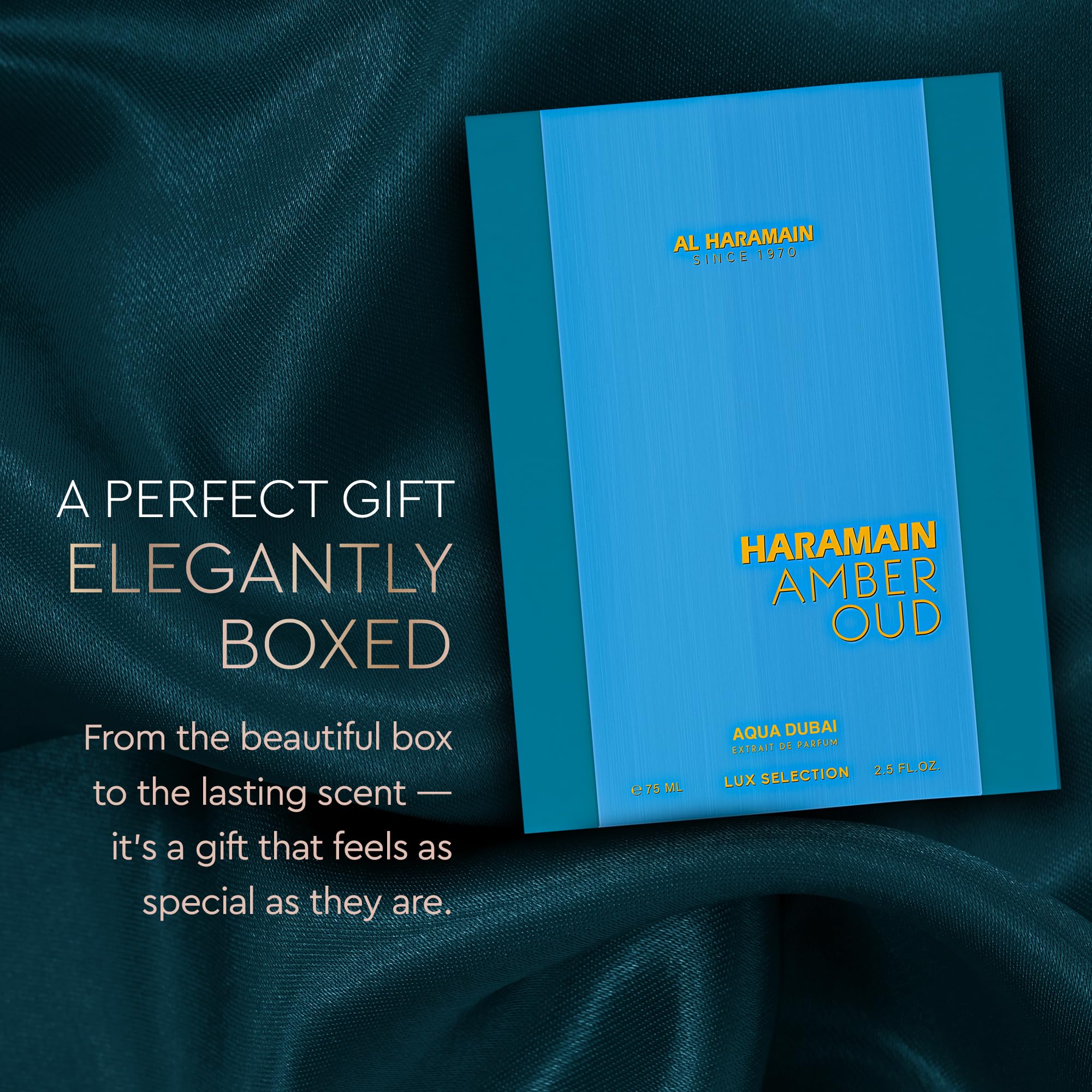 Al Haramain Amber Oud EDP display packaging for Aqua Dubai range.