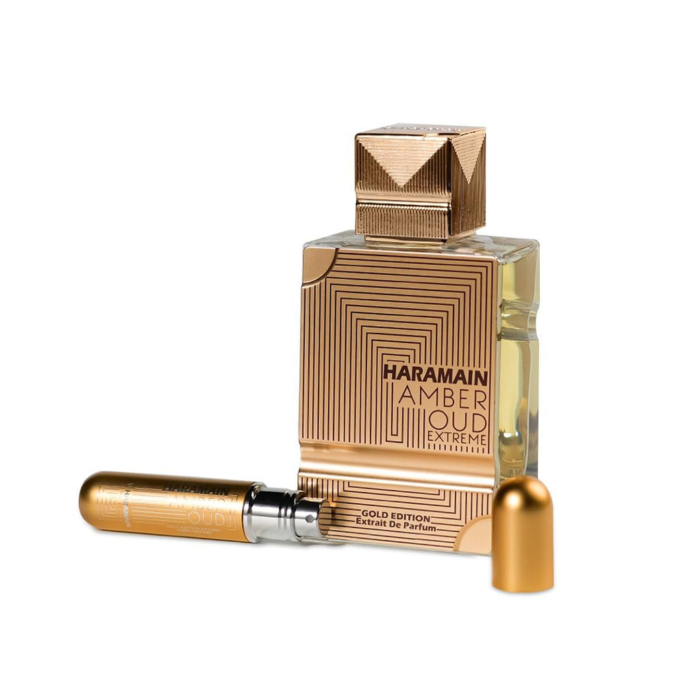 Al Haramain Amber Oud Gold Edition Extreme 60ml bottle displayed, long-lasting fragrance for day or night.