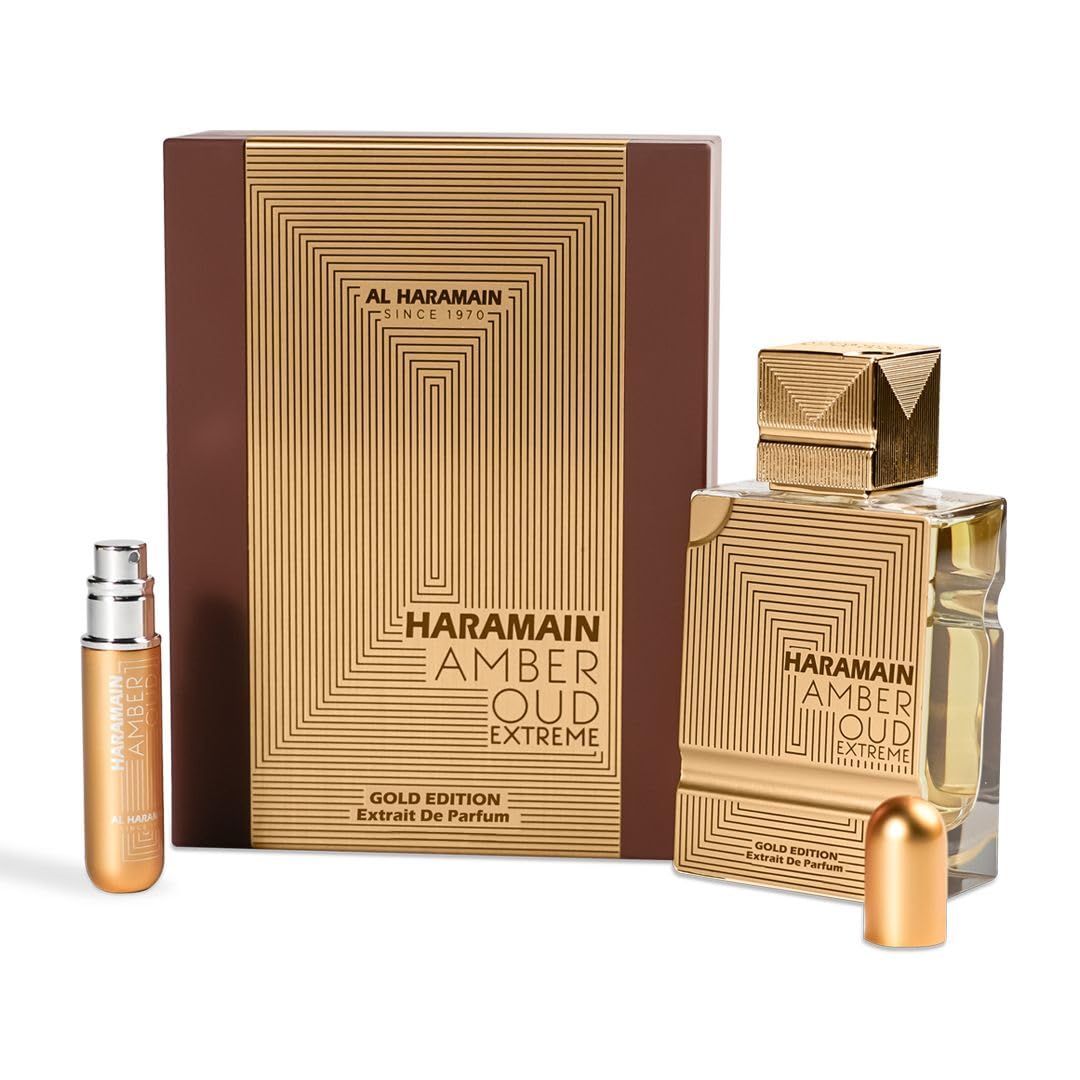 Al Haramain Amber Oud Gold Edition Extreme gift set packaging with elegant bottle and 10ml mini spray.