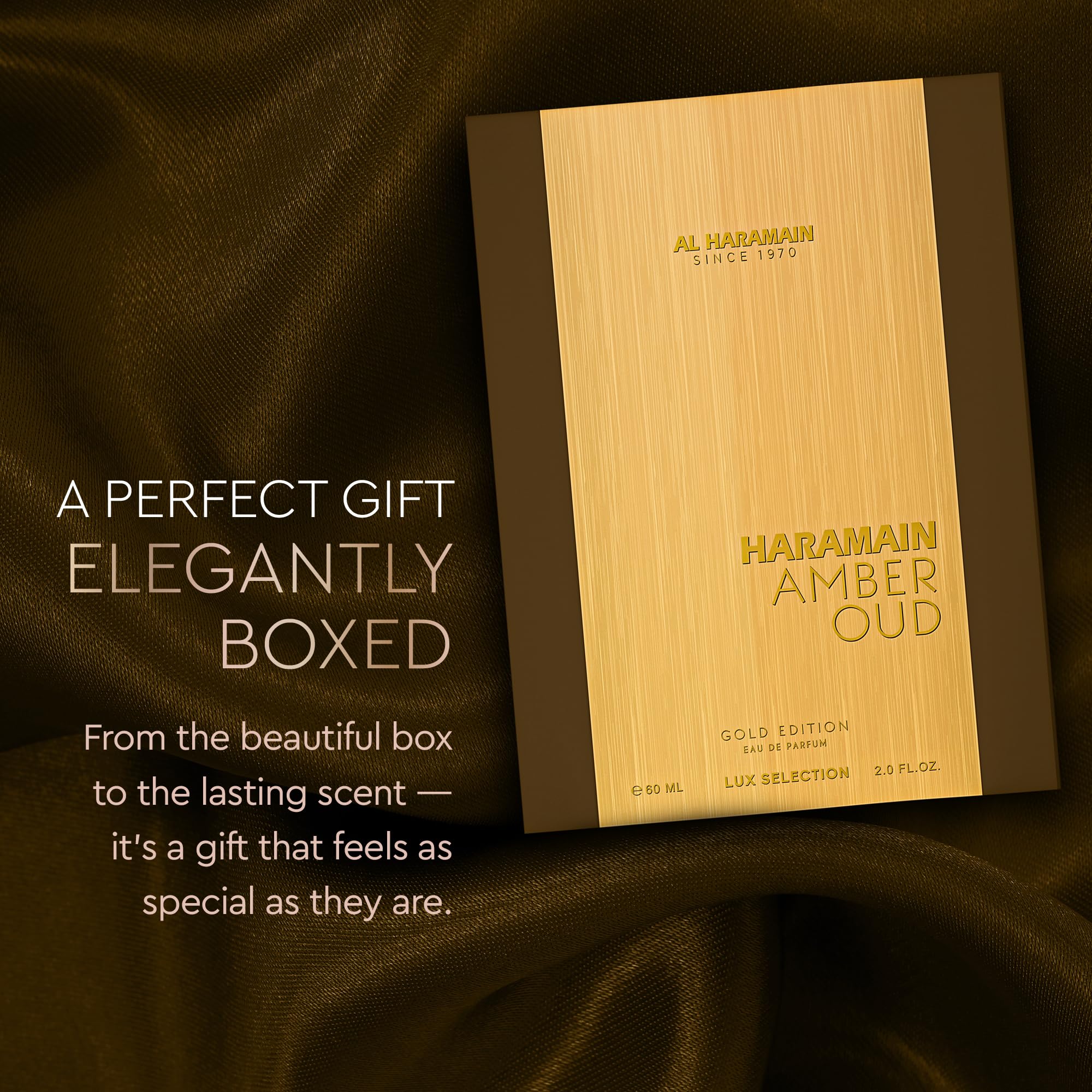 Al Haramain Amber Oud Gold Edition label close-up for prestige gifting and brand recognition.