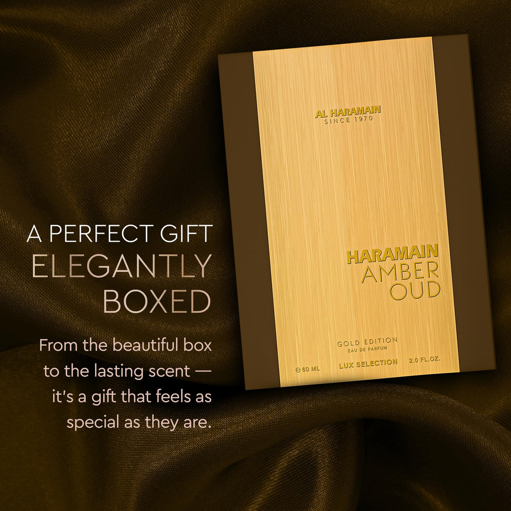 Al Haramain Amber Oud Gold Edition label close-up for prestige gifting and brand recognition.