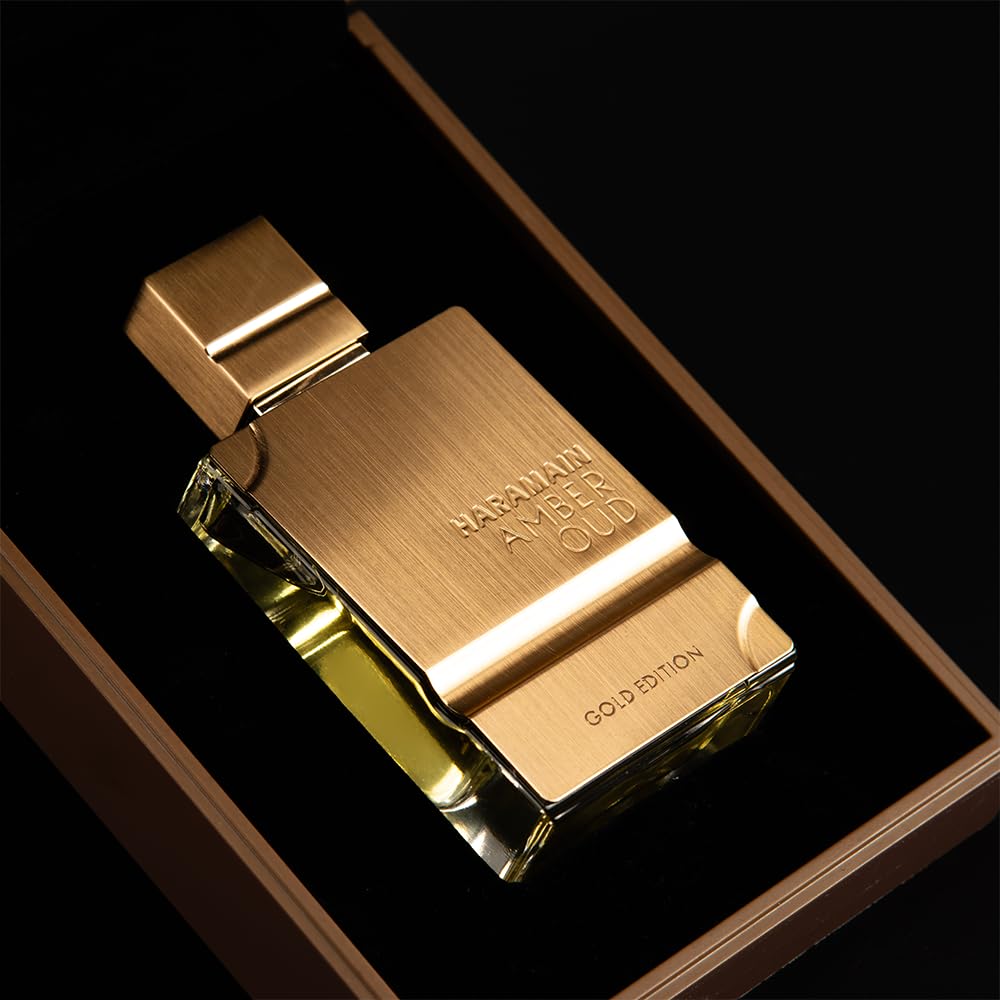 Al Haramain Amber Oud Gold Edition label detail with luxury branding