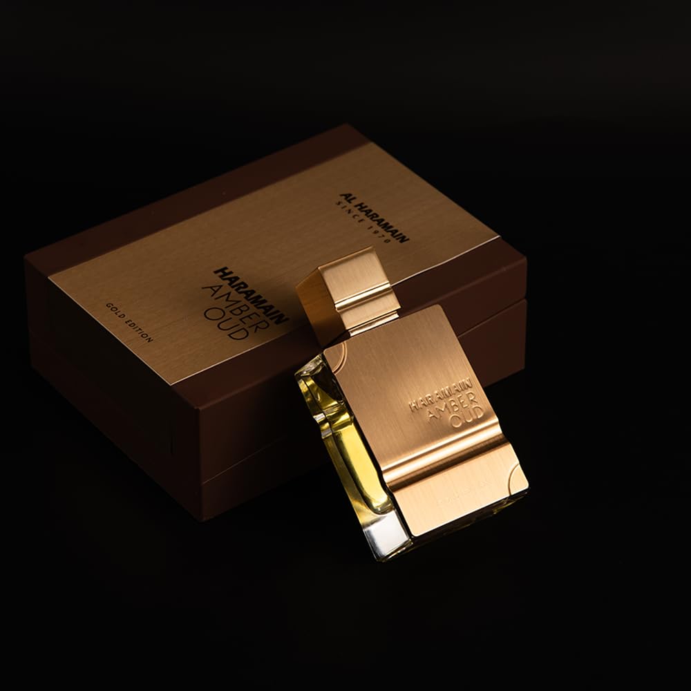 Al Haramain Amber Oud Gold Edition warm tones radiating in lighting