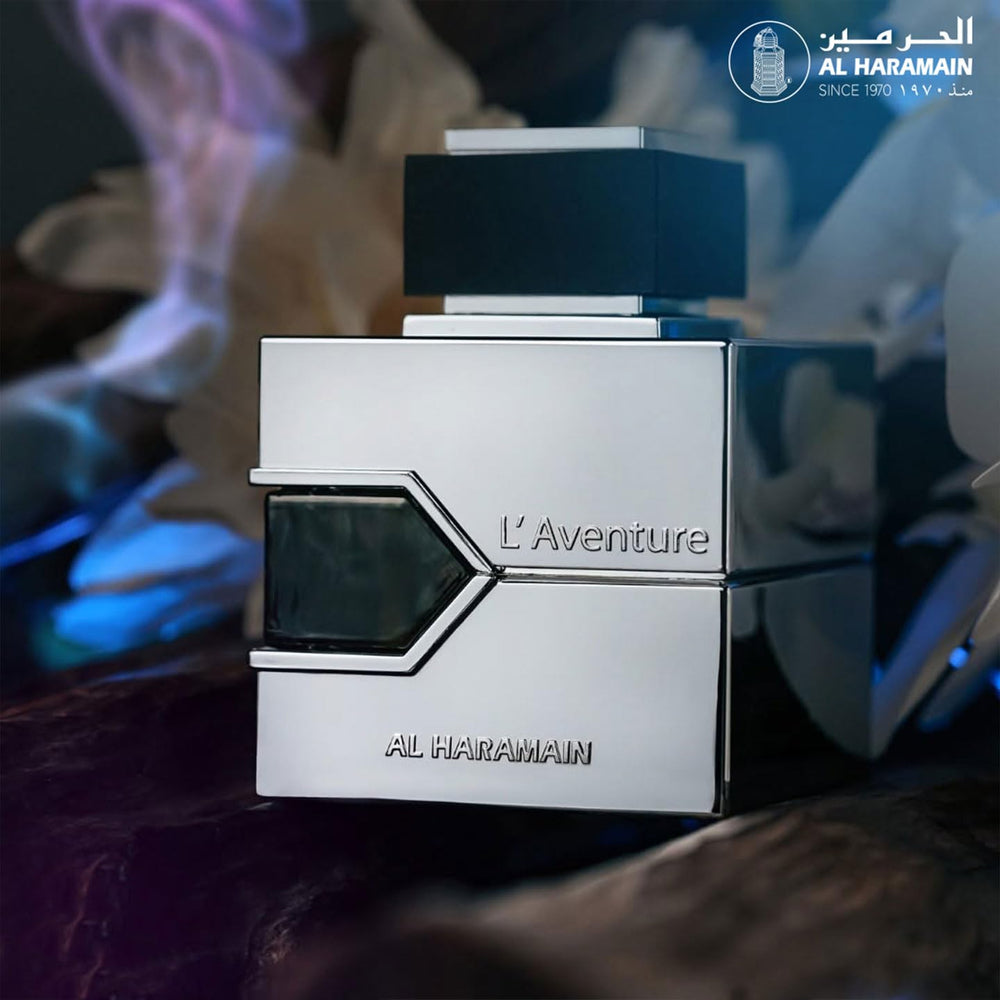 Al Haramain L'aventure bottle angle highlighting a woody heart for evening occasions