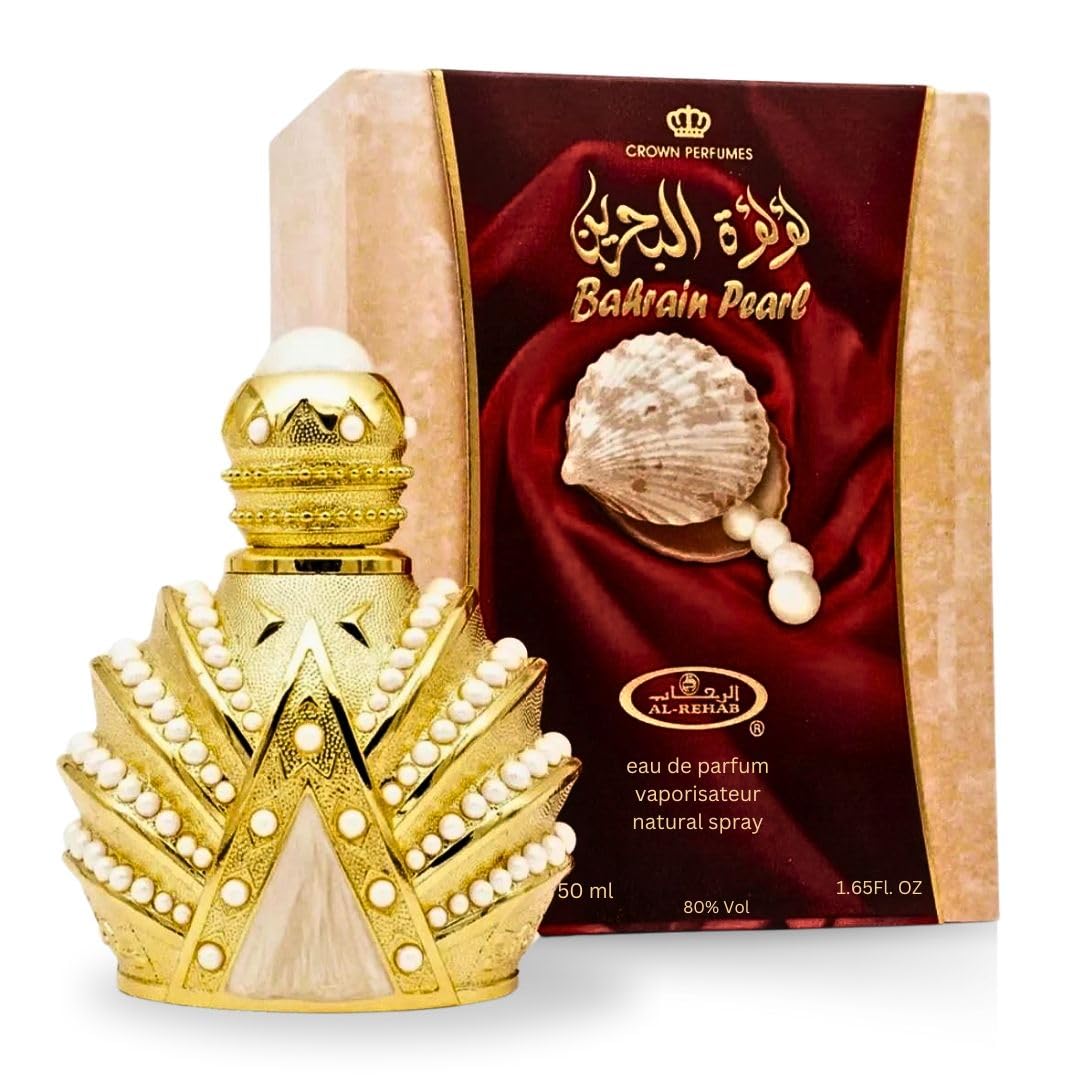 Al-Rehab Bahrain Pearl EDP bottle showcases fresh citrus opening for daily wear.
