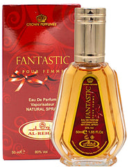 Al-Rehab Fantastic EDP bottle beside flowers, ideal for daily wear with vanilla and musk notes.