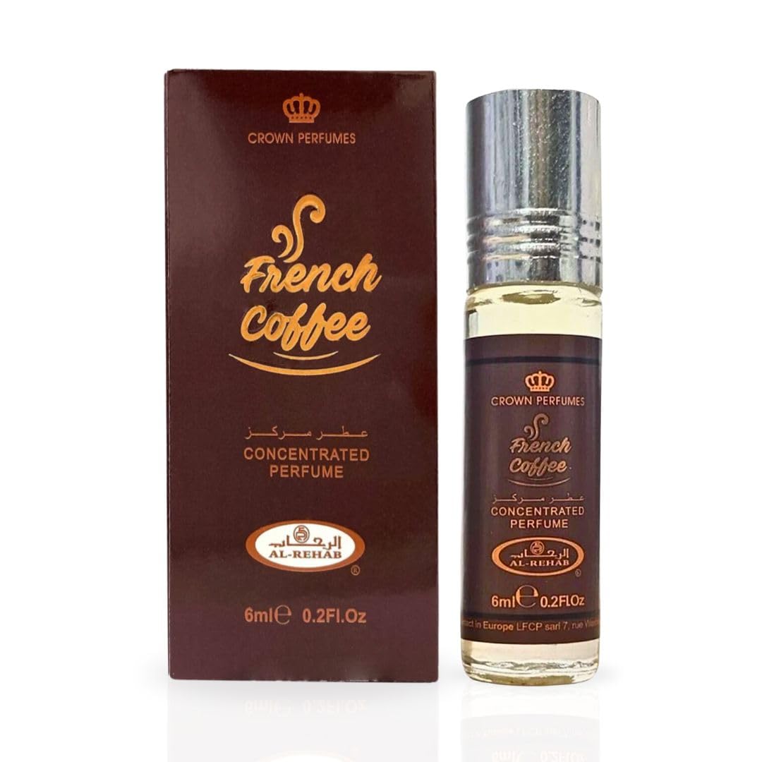 Al-Rehab French Coffee perfume oil bottle closeup showing rich cocoa and caramel.