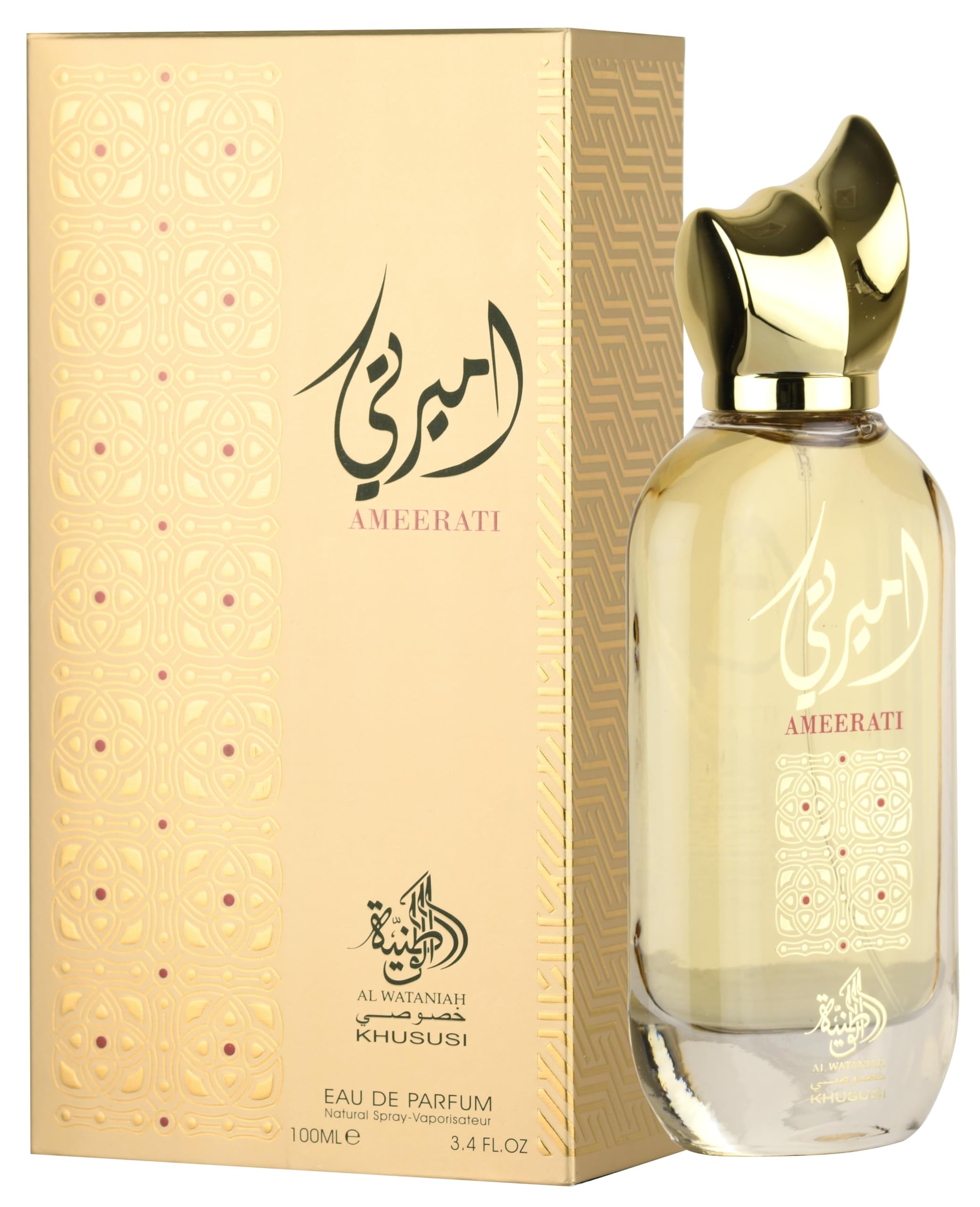 Al Wataniah Ameerati bottle on display highlights citrus and musk for a fresh unisex scent