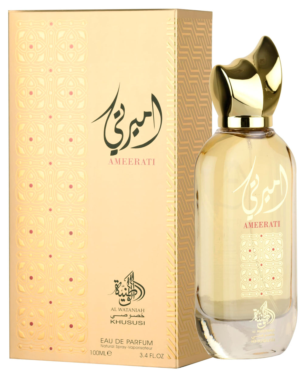 Al Wataniah Ameerati bottle on display highlights citrus and musk for a fresh unisex scent