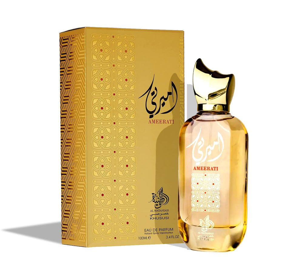 Al Wataniah Ameerati closer look reveals top citrus and green tones blending into woody facets