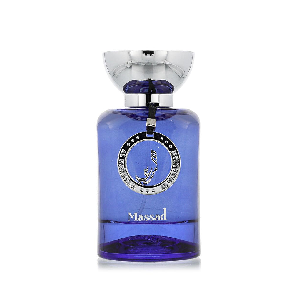 Al Wataniah Massad flacon detail, label hints at warm sandalwood for daily confidence.