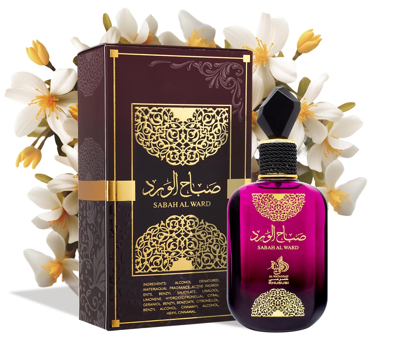 Al Wataniah Sabah Al Ward base notes illustration featuring vanilla and patchouli