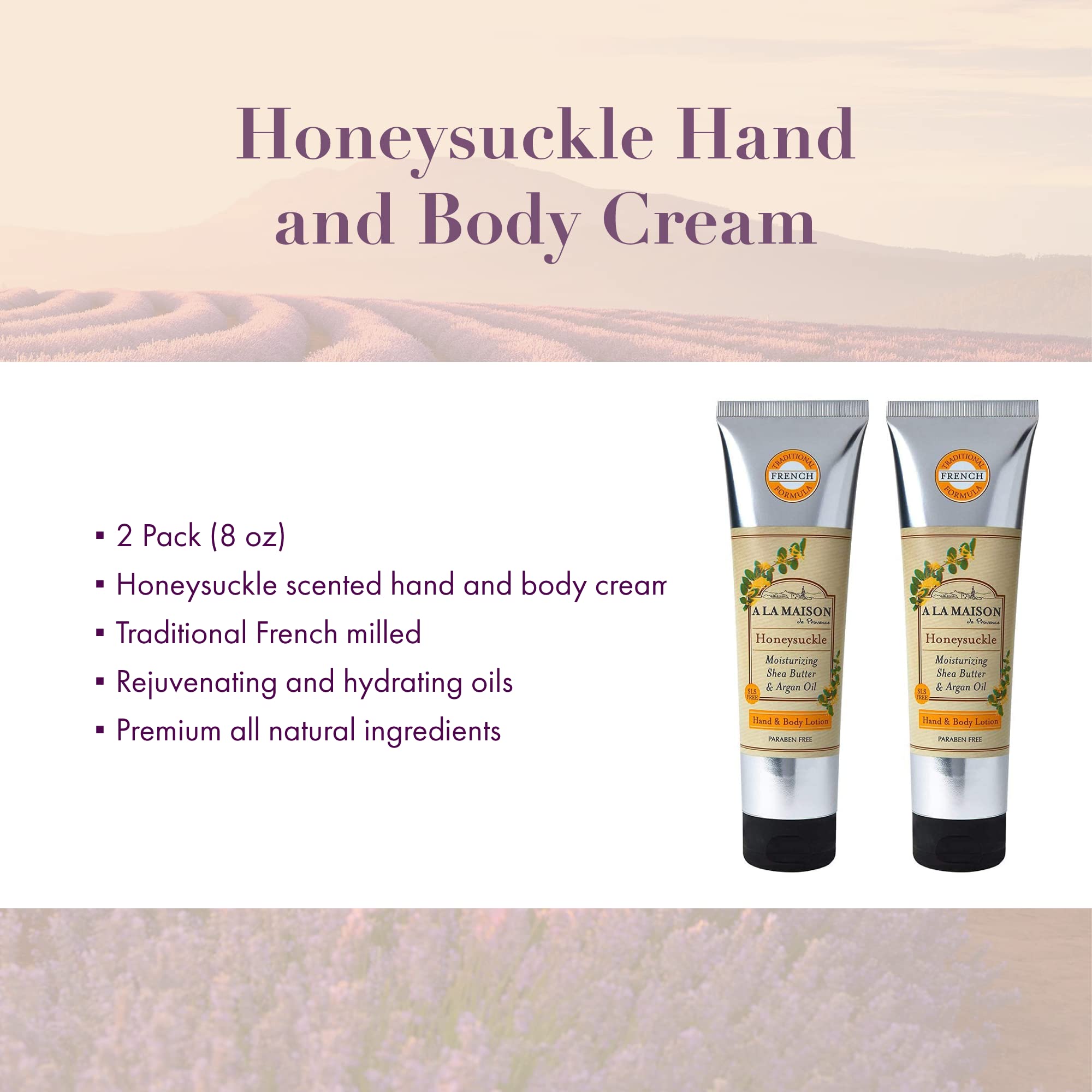 A LA MAISON honeysuckle lotion label highlights plant-based, cruelty-free formula.