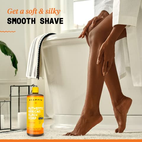 Alaffia Authentic African Black Soap shaving image demonstrates smooth glide and soft skin.