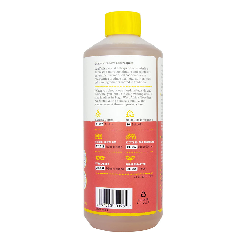 Alaffia bubble bath pouring scene shows gentle foam for delicate skin.