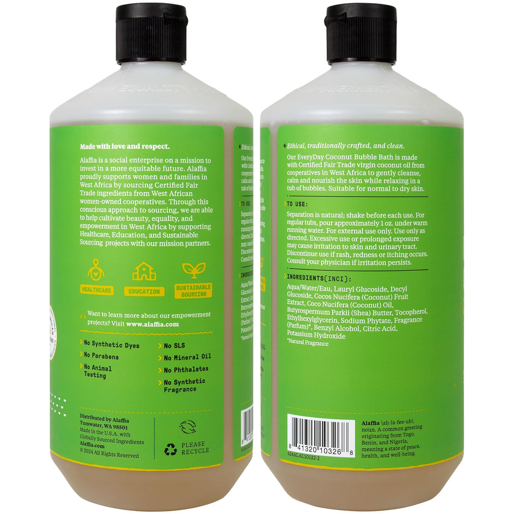 Alaffia Everyday Coconut Bubble Bath bubbles image, two-pack ideal for family bath time and skin nourishment.