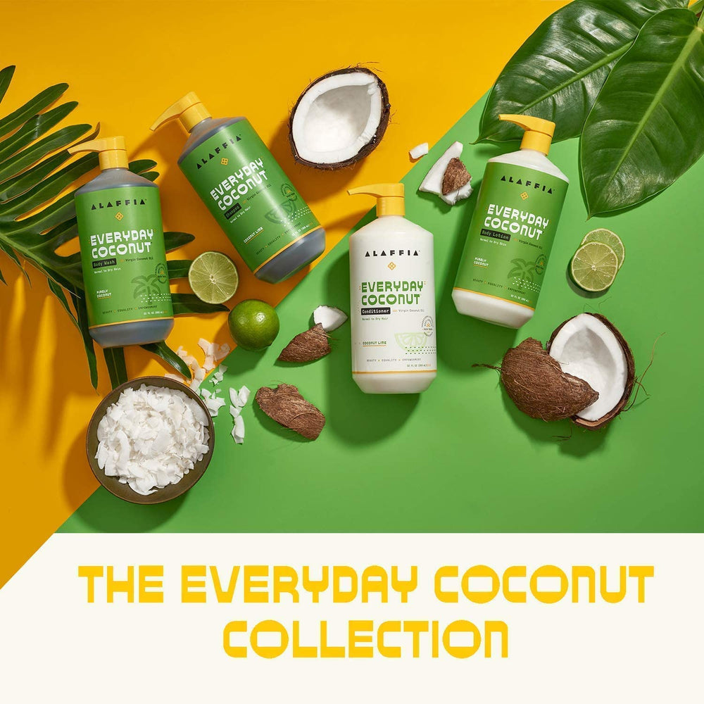 Applying Alaffia Everyday Coconut Conditioner to wet hair for hydration and curl softness.