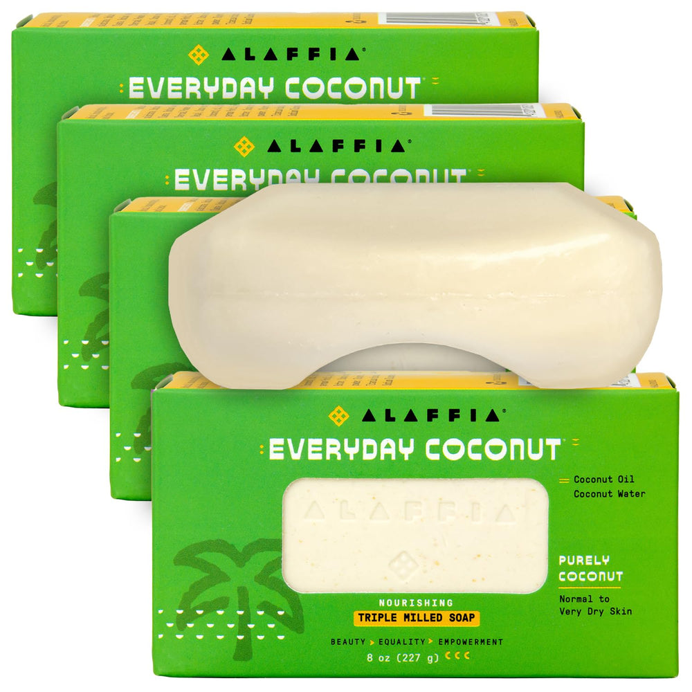 Alaffia Everyday Coconut Soap Bar with ergonomic curve for easy grip in bath or shower.