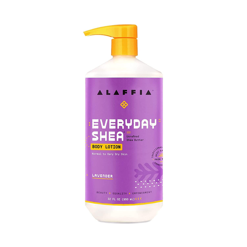 Alaffia EveryDay Shea Body Lotion 32oz bottle indicates long-lasting moisturizer.
