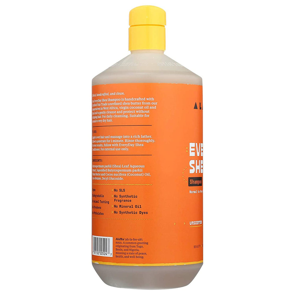 Alaffia EveryDay Shea Shampoo unscented label closeup highlights clean ingredients.