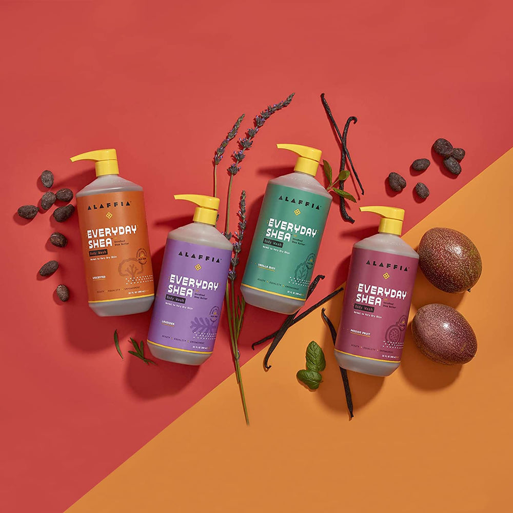 Alaffia EveryDay Shea Shampoo unscented top view highlights fragrance-free care.