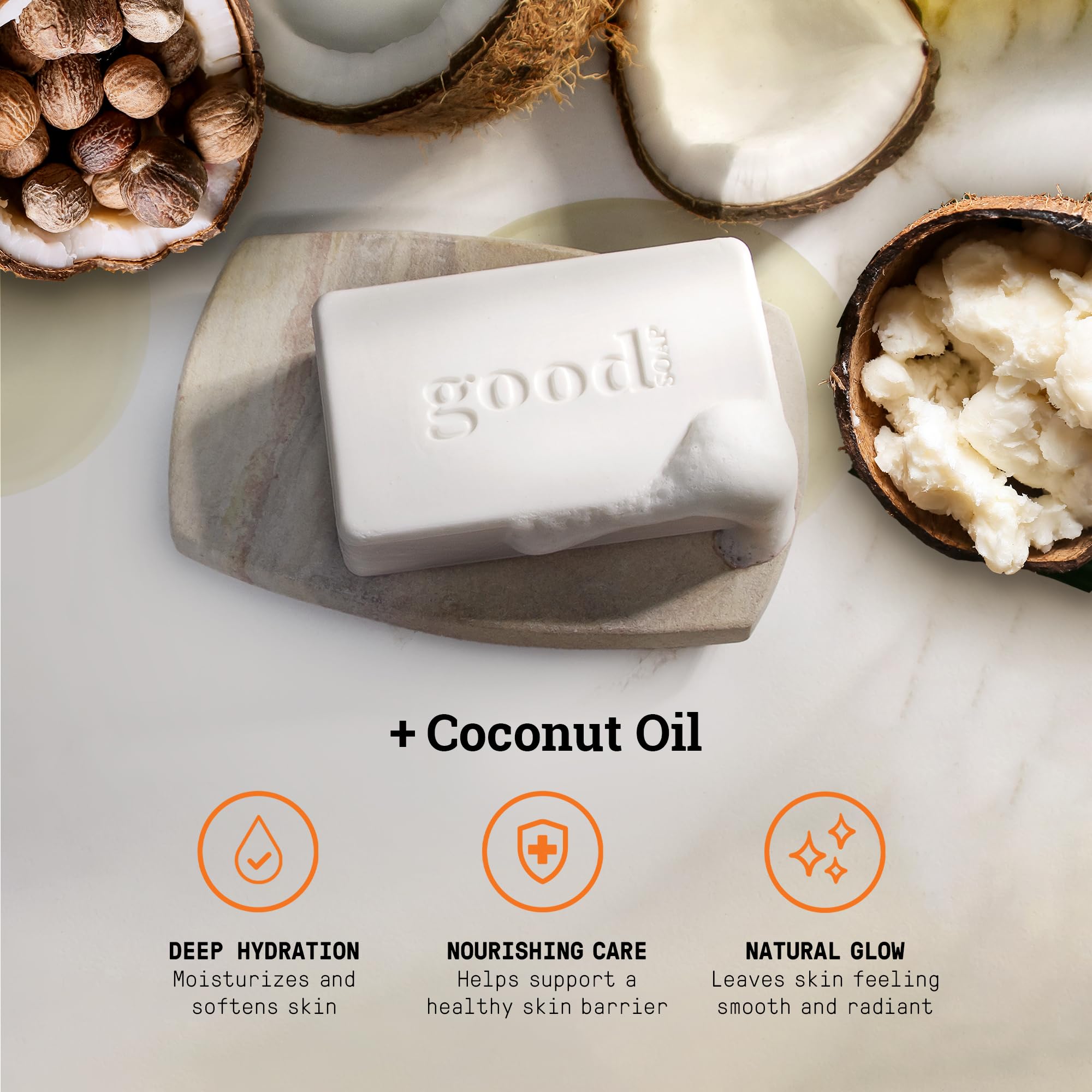 Alaffia Good Soap Coconut with fair trade shea butter nourishes skin.