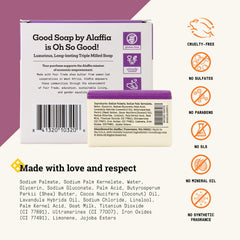 Alaffia Good Soap Lavender closeup shows creamy shea butter for moisture