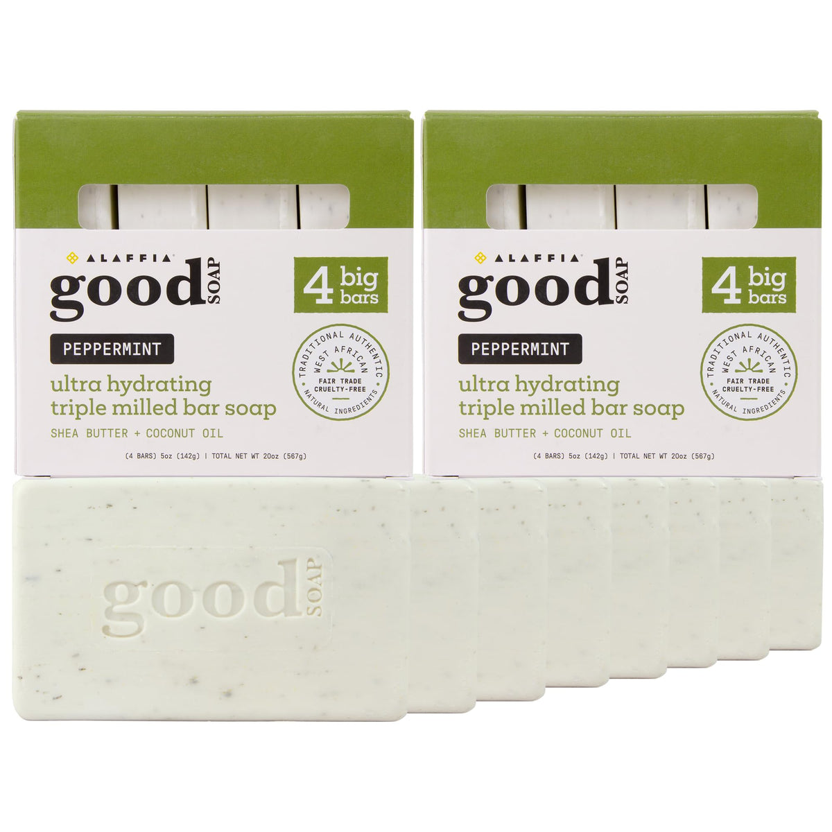 Alaffia Good Soap Peppermint bar pack showing eight bars for daily cleansing