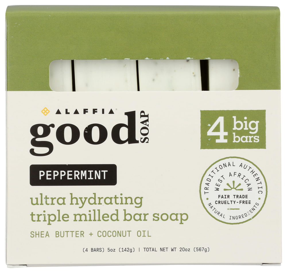 Alaffia Peppermint Good Soap Pack front view shows four bars for everyday cleansing.