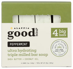 Alaffia Peppermint Good Soap Pack front view shows four bars for everyday cleansing.
