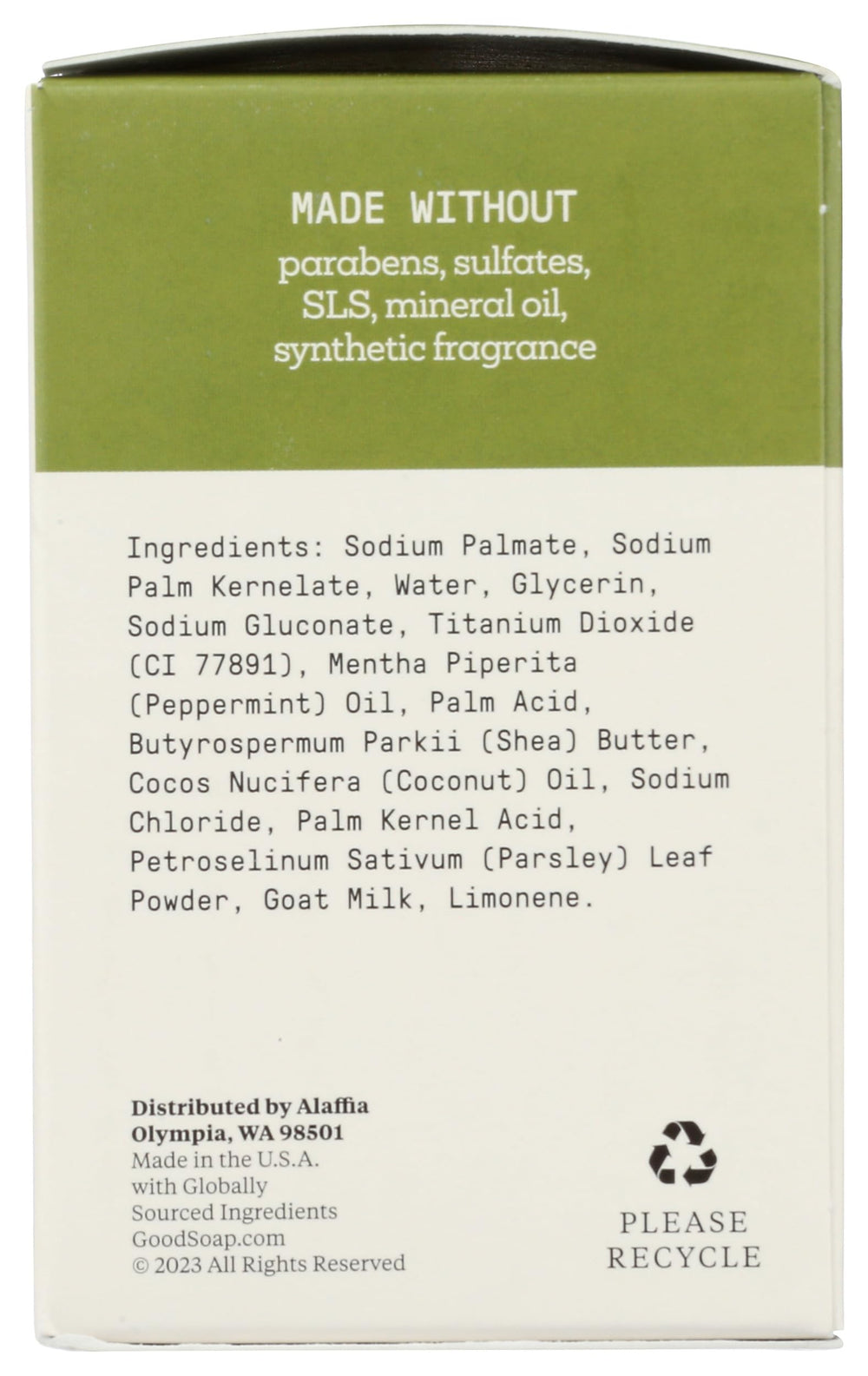 Alaffia Peppermint Good Soap Pack ingredients-label emphasizes transparency.