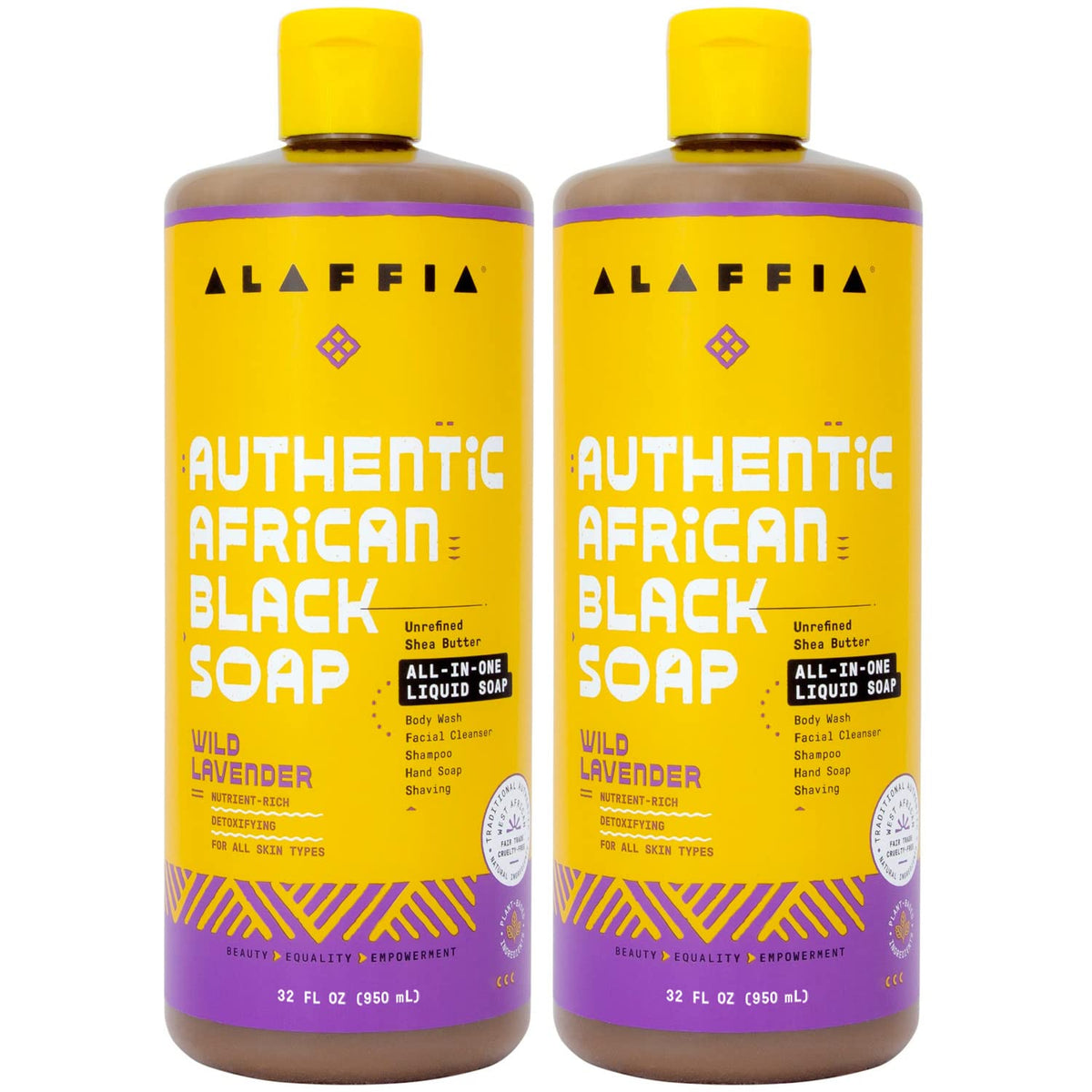 Alaffia savon noir africain lavande sauvage en pack, nettoie visage et corps en douceur.