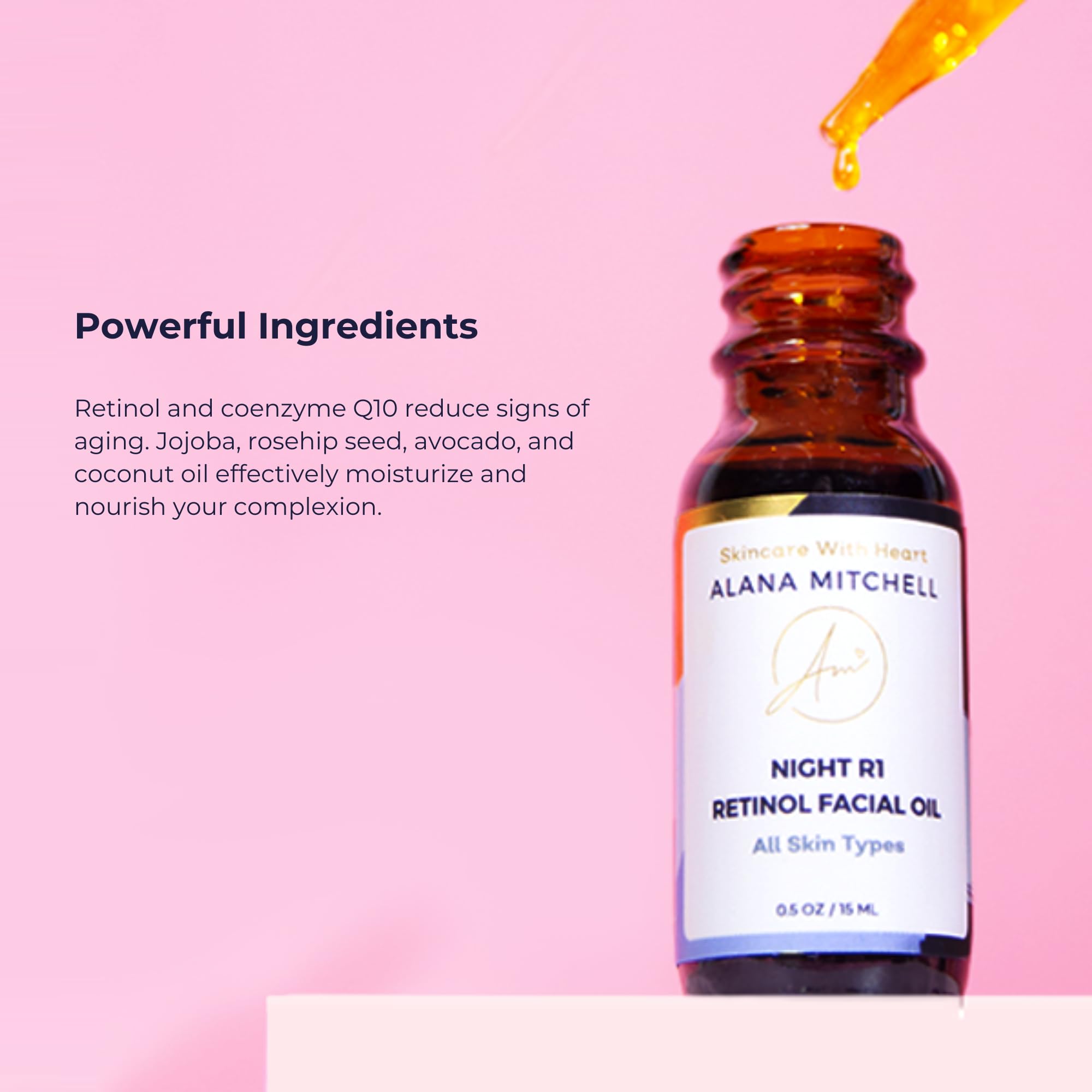 Night application dropper of Alana Mitchell Retinol Serum ready to use