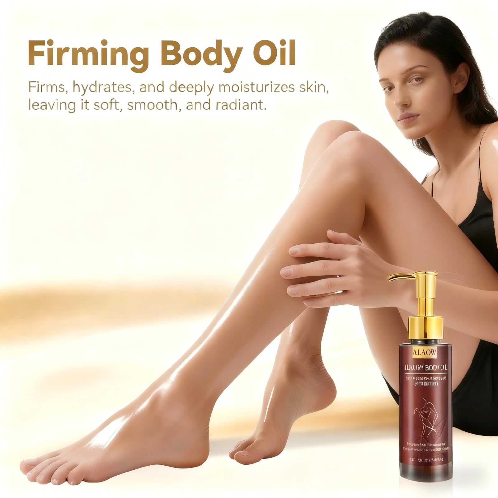 ALAOW Advanced Firming Body Oil texture close-up demonstrating fast absorption and non-greasy finish