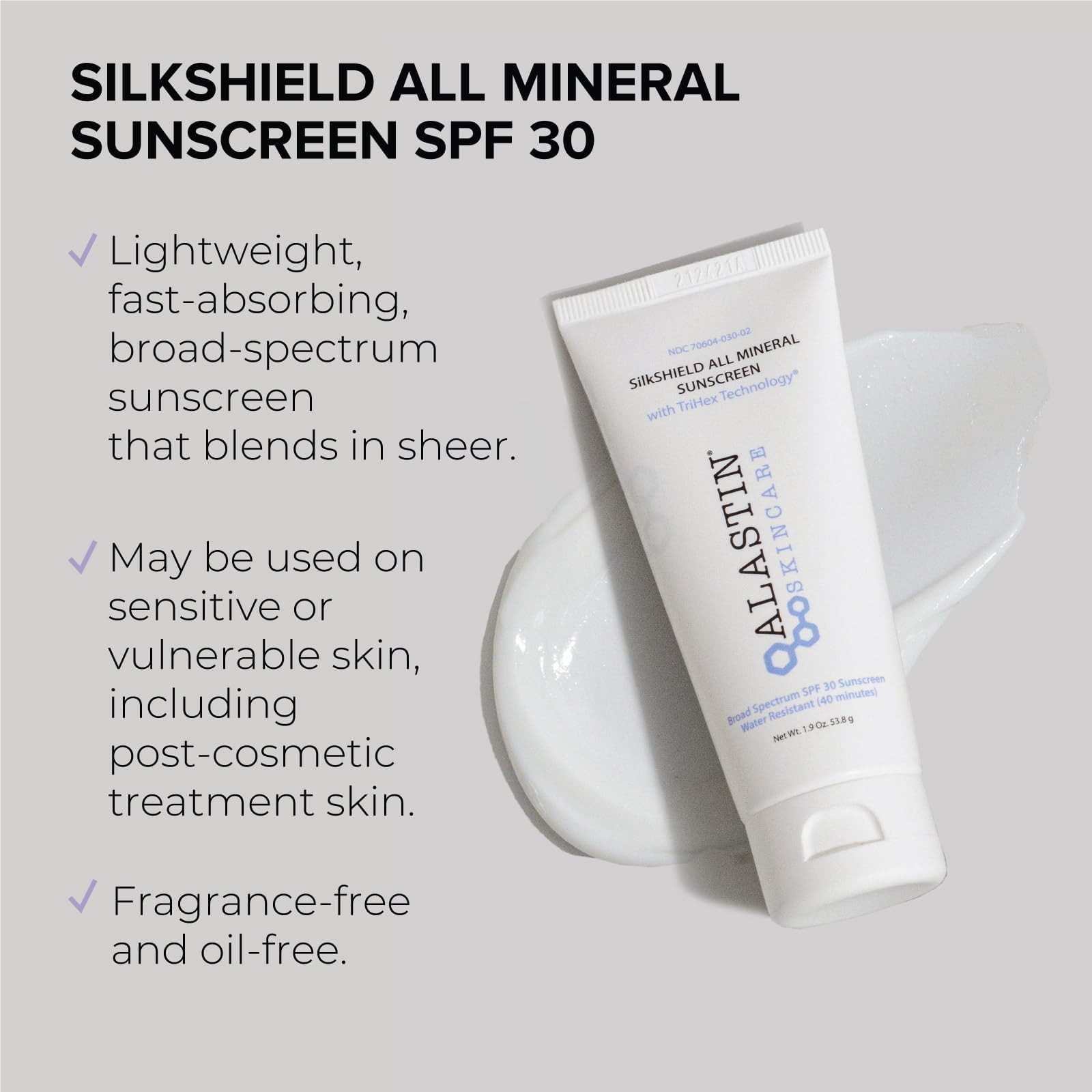 ALASTIN SilkSHIELD packaging highlights fragrance-free oil-free sunscreen for sensitive skin.