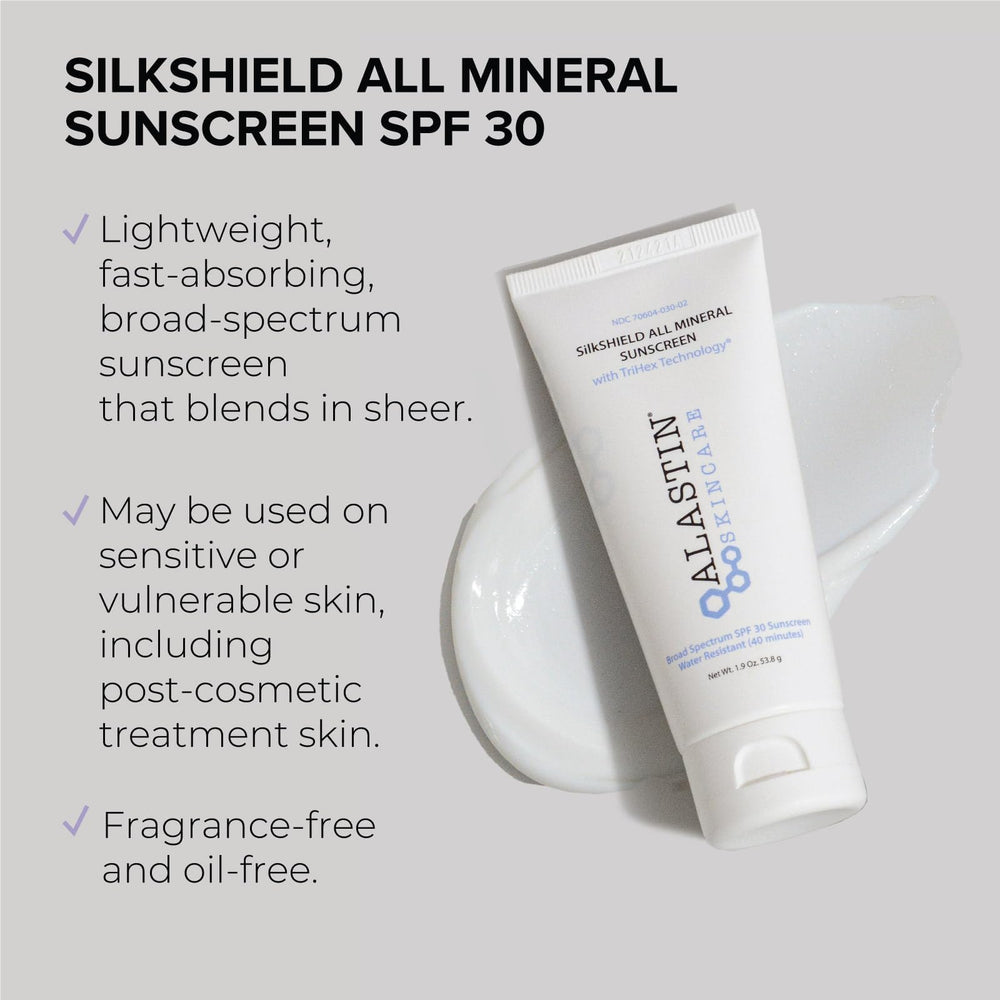 ALASTIN SilkSHIELD packaging highlights fragrance-free oil-free sunscreen for sensitive skin.