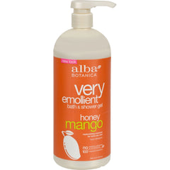 Alba Botanica Honey Mango Bath Gel bottle pour for a refreshing tropical cleanse.