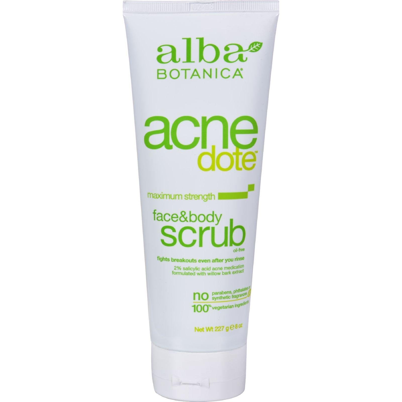 Alba Botanica Acnedote Face & Body Scrub bottle for daily exfoliation and refreshed skin