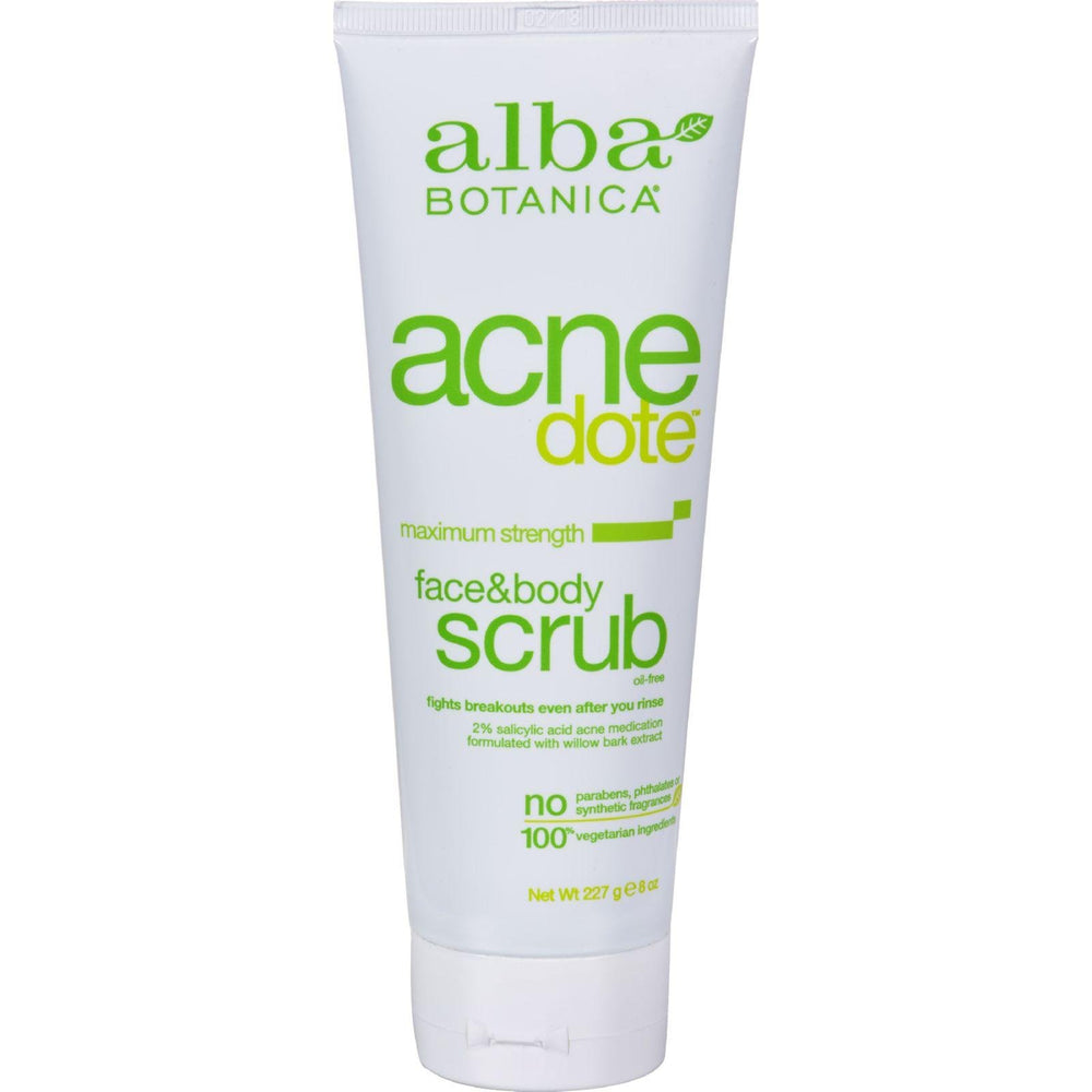 Alba Botanica Acnedote Face & Body Scrub bottle for daily exfoliation and refreshed skin