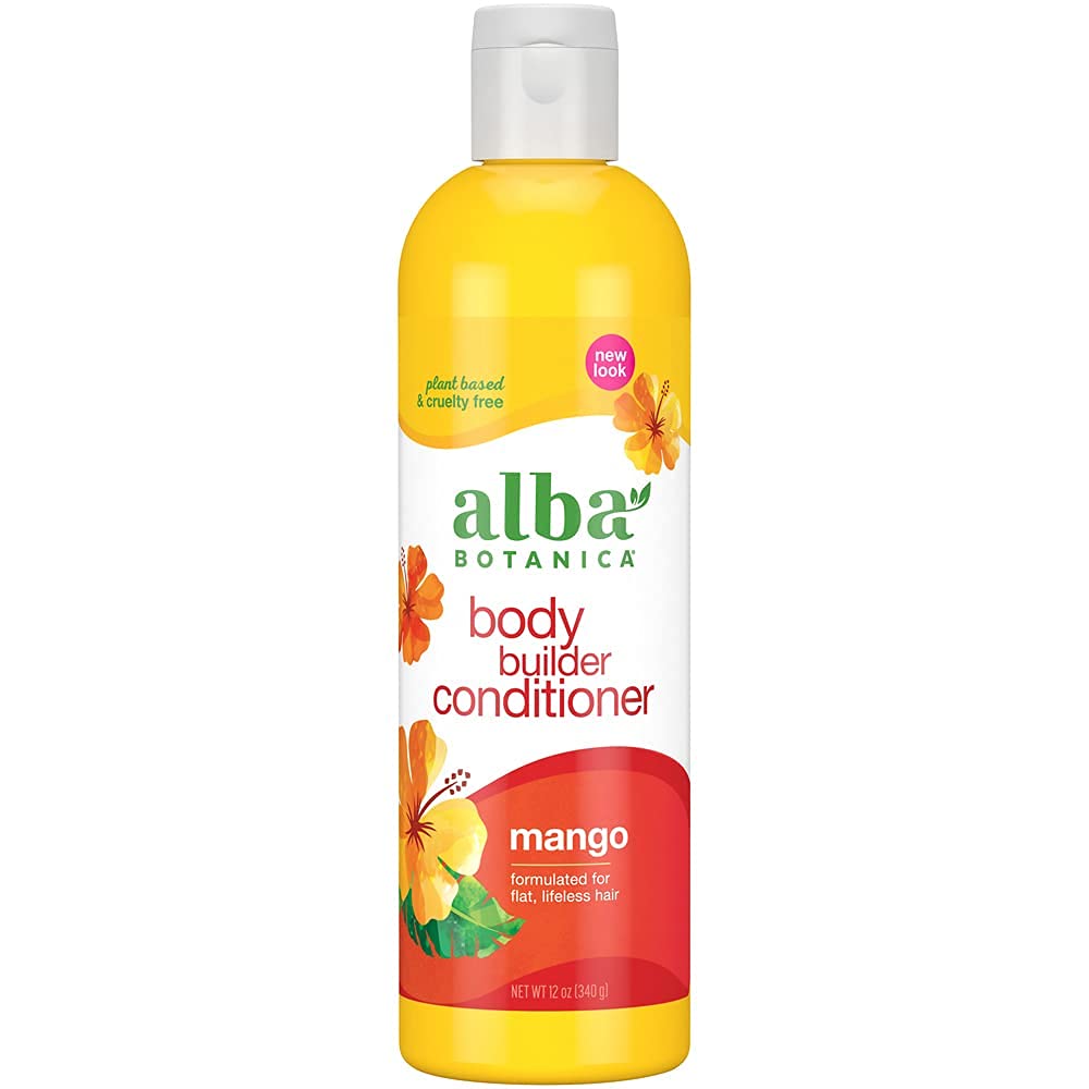 Alba Botanica Body Builder Mango bottle demonstrates volumizing conditioning