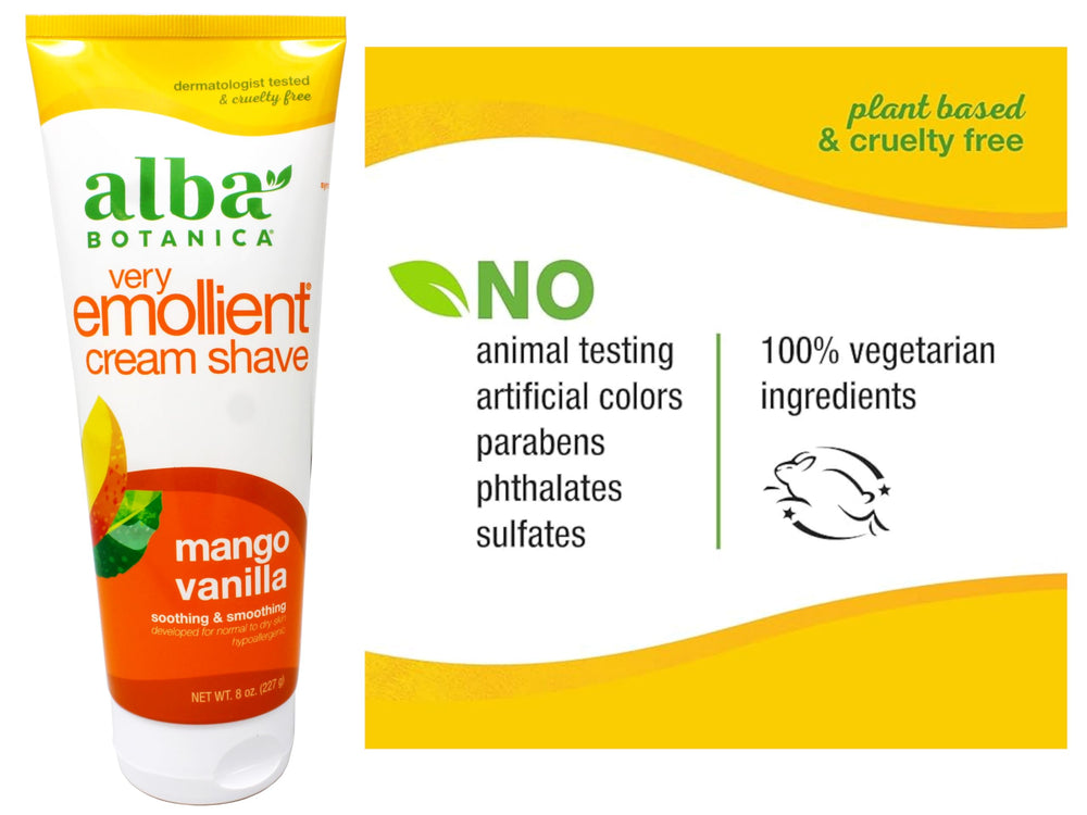 Alba Botanica Cream Shave Mango Vanilla origin China label on packaging