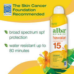 Alba Botanica sunscreen spray on body in use, lightweight, quick-drying protection.