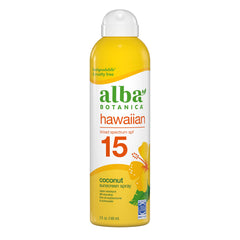 Alba Botanica Hawaiian Coconut sunscreen spray bottle, front view, quick face and body protection.