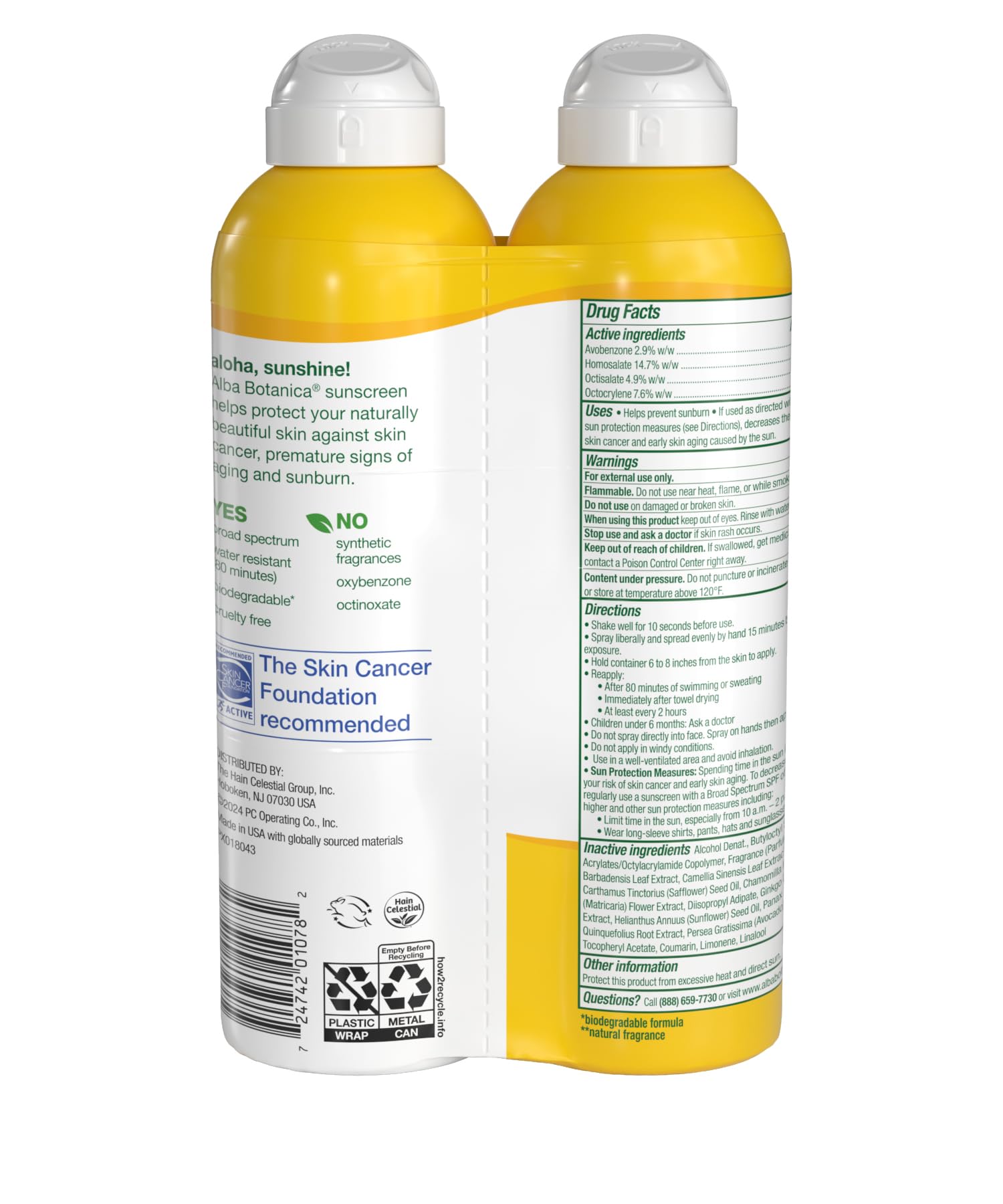 Alba Botanica Hawaiian Coconut Sunscreen Spray pack of two, convenient for beach days and outdoor adventures.