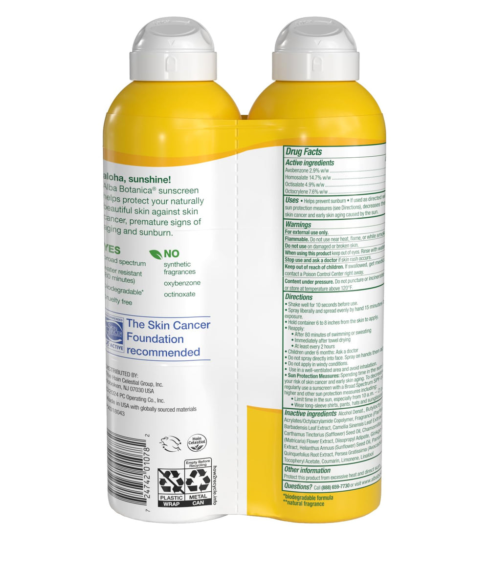 Alba Botanica Hawaiian Coconut Sunscreen Spray pack of two, convenient for beach days and outdoor adventures.