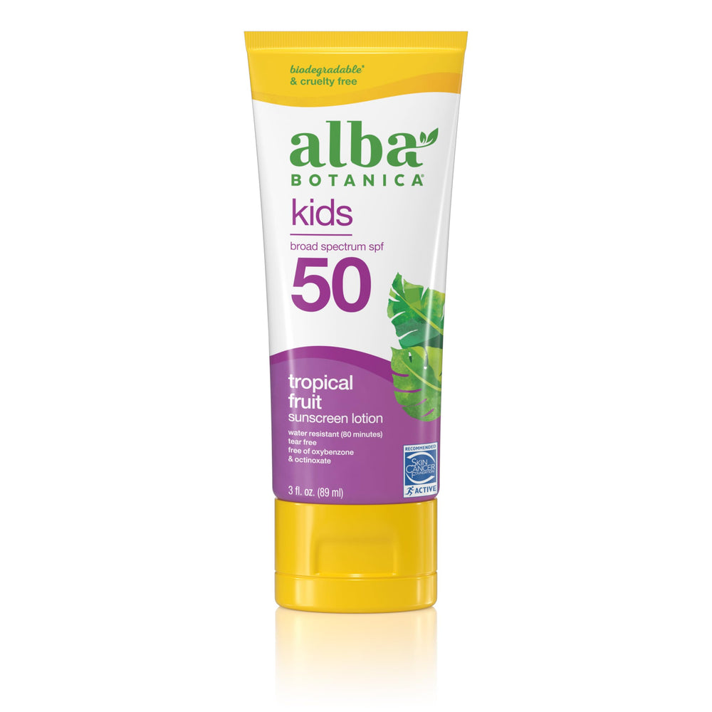 Alba Botanica Kids Sunscreen protecting face and body with tropical fruit scent.