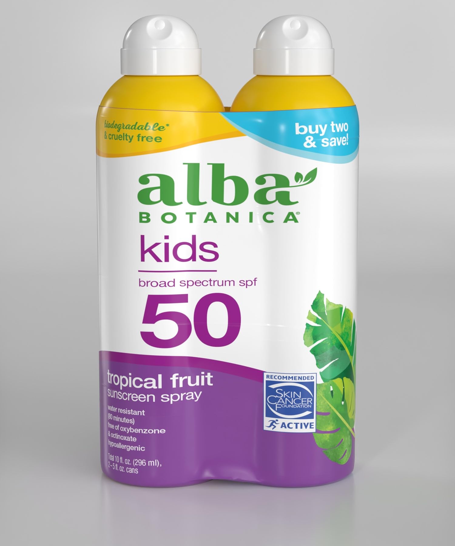 Alba Botanica Kids Sunscreen Spray Tropical Fruit bottle provides SPF 50 protection for face and body