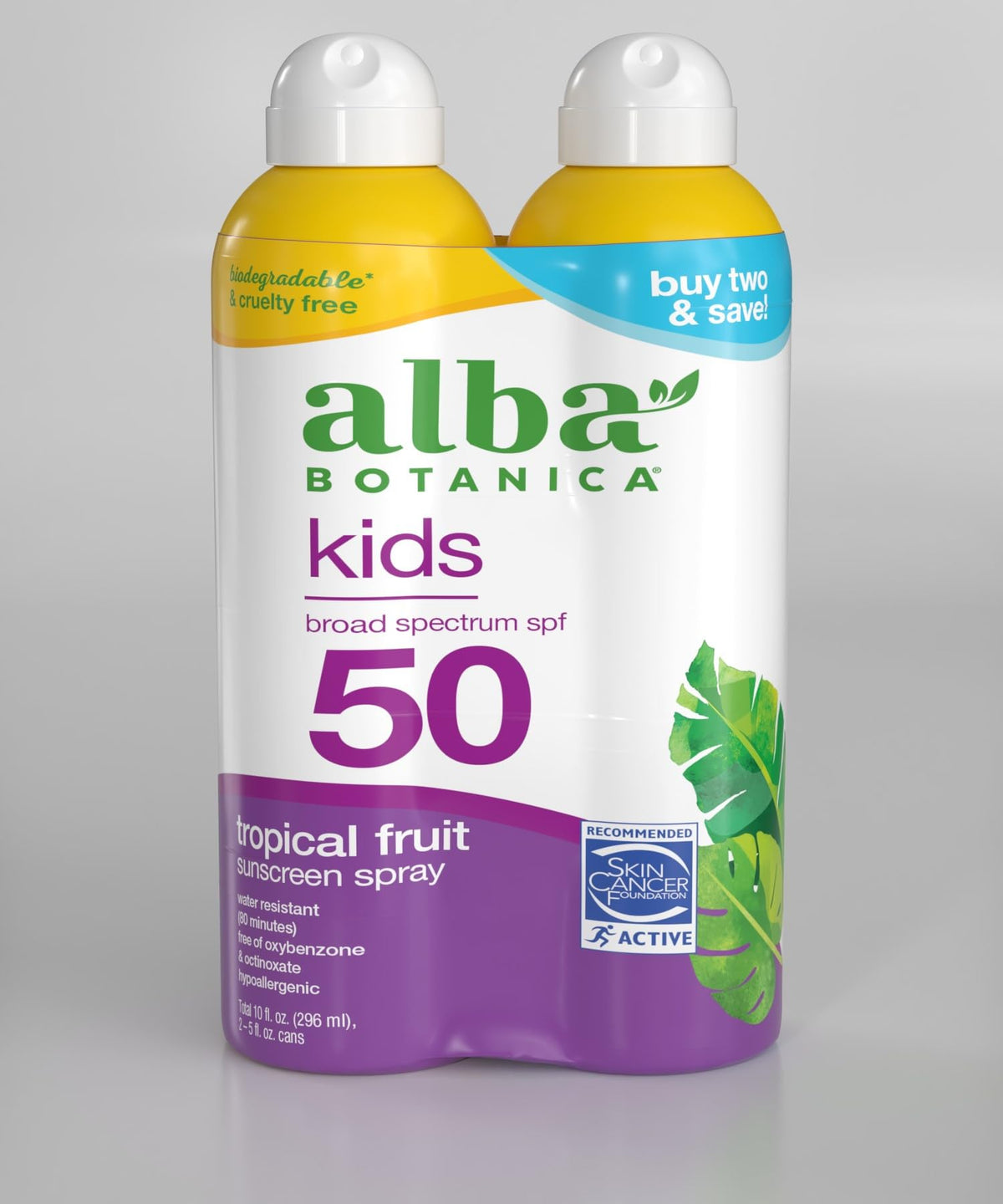Alba Botanica Kids Sunscreen Spray Tropical Fruit bottle provides SPF 50 protection for face and body