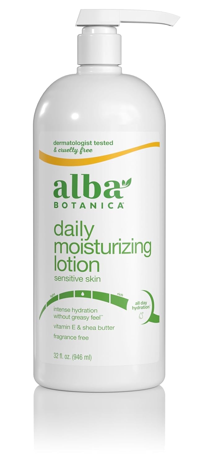Alba Botanica lotion bottle in bathroom for daily moisture routine.